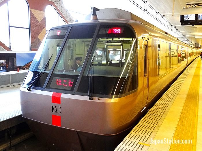 An Odakyu Romancecar limited express train bound for Hakone-Yumoto Station waits to depart at Shinjuku Station