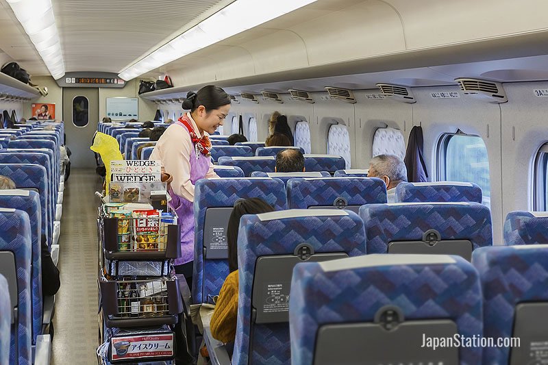 Ordering refreshments in a comfortable seat on a Shinkansen train