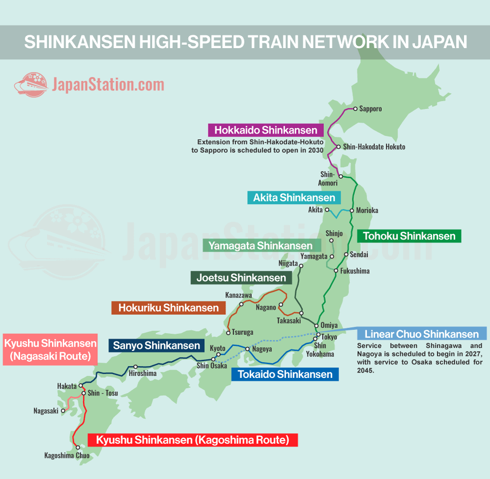 Shinkansen high-speed train network in Japan map