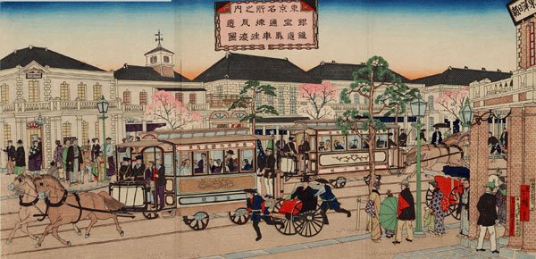 A Meiji era horse-drawn tram as depicted by Utagawa Hiroshige