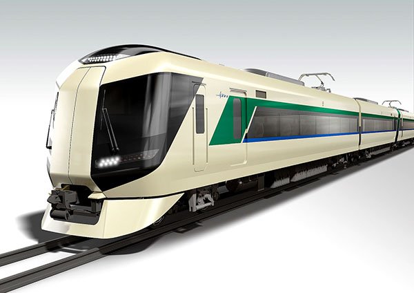 The train’s sleek exterior is colored champagne beige with green and blue highlights. The green symbolizes the forests of northern Japan, and the blue symbolizes the future