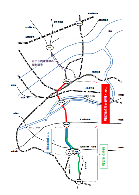 A map of the Naniwasuji Line’s projected route between Osaka’s Umeda and Namba Districts