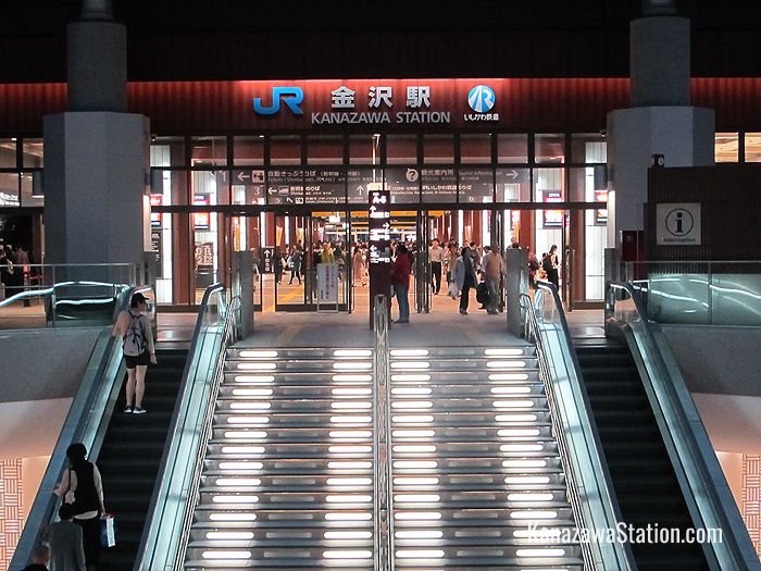 The East Exit of Kanazawa Station. Escalators in front of the exit go underground to the Hokutetsu Kanazawa Station