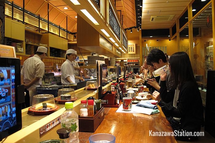 Inside the kaiten sushi restaurant Morimorizushi