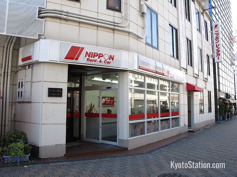 A Nippon Rent-A-Car office is located across from Kyoto Station’s Hachijo-guchi exit
