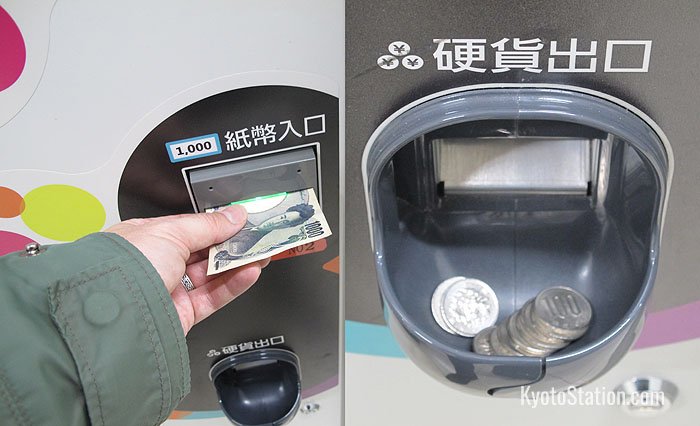 Put a 1000 yen note into the slot. Retrieve your coins from the coin dispenser