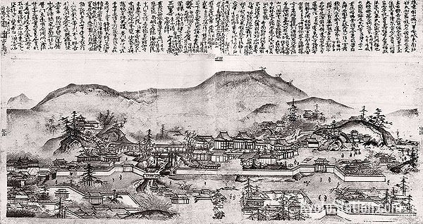 An ink painting of the Tofukuji temple complex attributed to Sesshu Toyo (1420 - 1506)