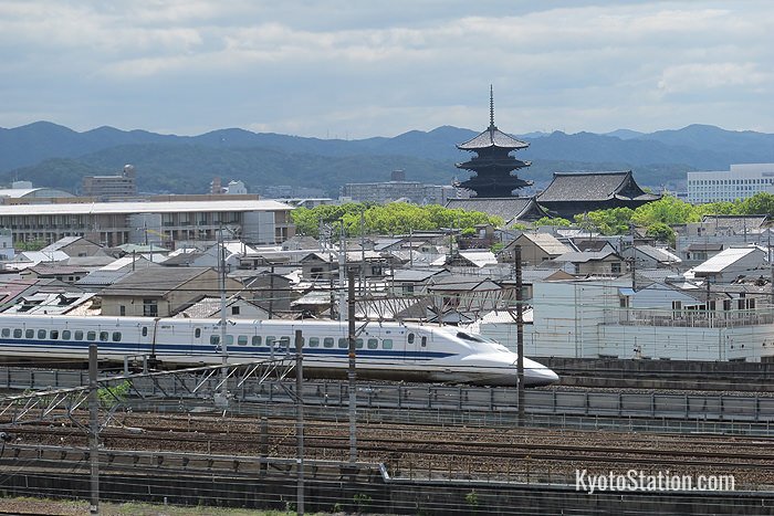 A shinkansen passing Toji Temple viewed from the museum’s Sky Terrace