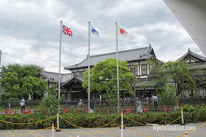 The flags of both Japan and Great Britain fly outside the museum to emphasize the historic development of railway technology in these two countries