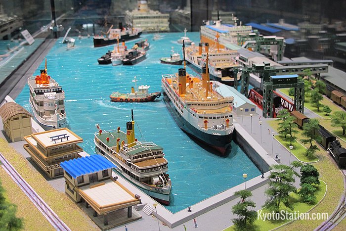 A mini-diorama of railway ferries on Lake Biwa in Shiga Prefecture