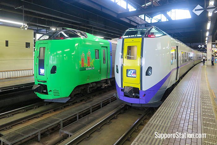 A Limited Express Lilac (#789 series) train alongside a Tokachi (#261 series) train at Sapporo Station
