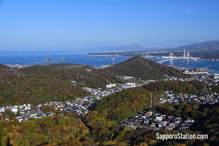 Muroran cityscape with the Hakucho Suspension Bridge in the background