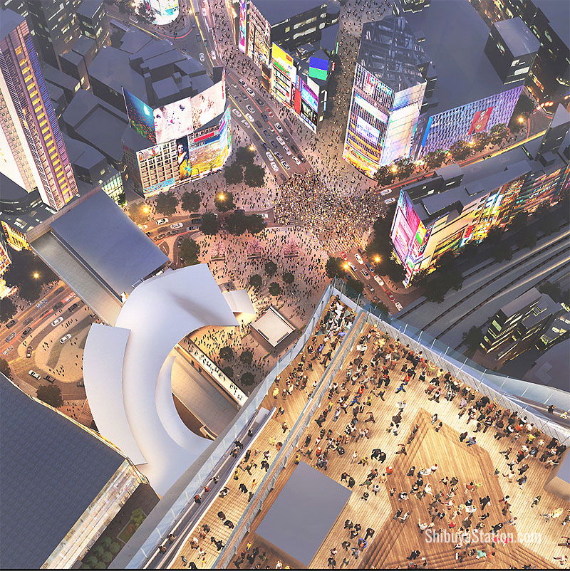 The promenade will have views of Shibuya Crossing below and the city lights