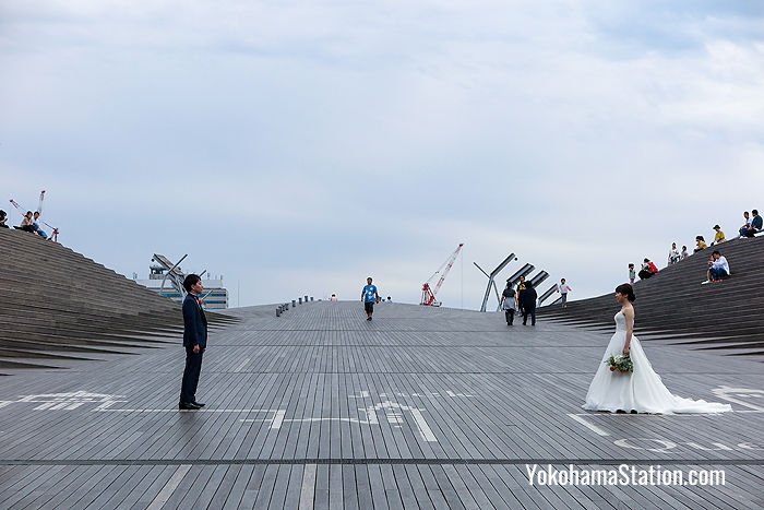 A couple have their wedding photos taken on the roof